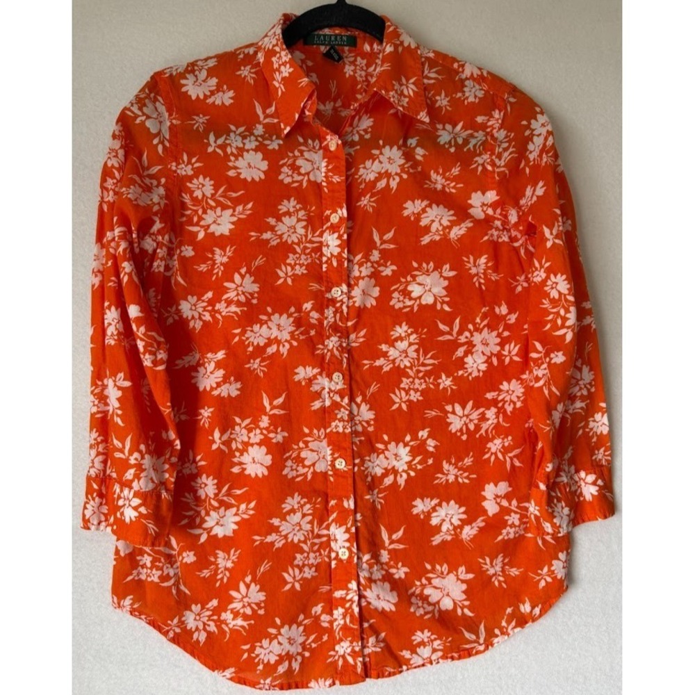 Lauren Ralph Lauren Shirt Women S Orange Floral 3/4 Sleeve 100% Cotton Casual